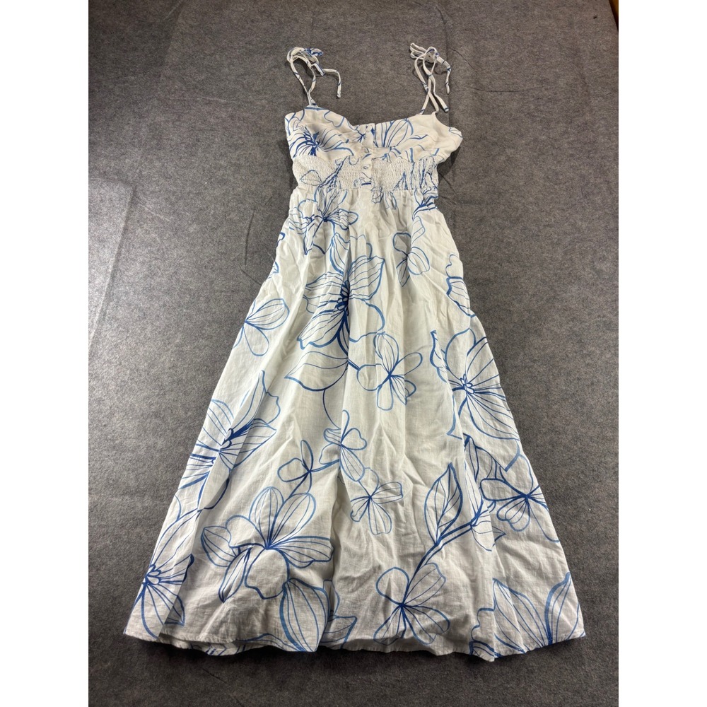 Gap Blue White Floral Linen Blend Midi Dress Tie Strap Smocked Back Small